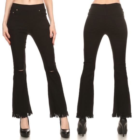 BLACK Frayed hem denim pants with cutout knee. - Picture 8 of 8